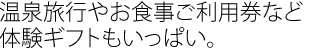 温泉旅行やお食事ご利用券など体験ギフトもいっぱい。